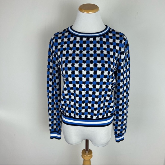 Solid and Striped Mackenzie Plaid Blue White Knit Pullover Sweater Size S - Picture 3 of 6